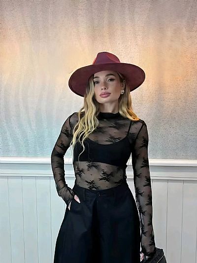 Γυναικείο Διαφανές Μπλουζάκι με Μακρύ Μανίκι και Δαντελένιες Λεπτομέρειες