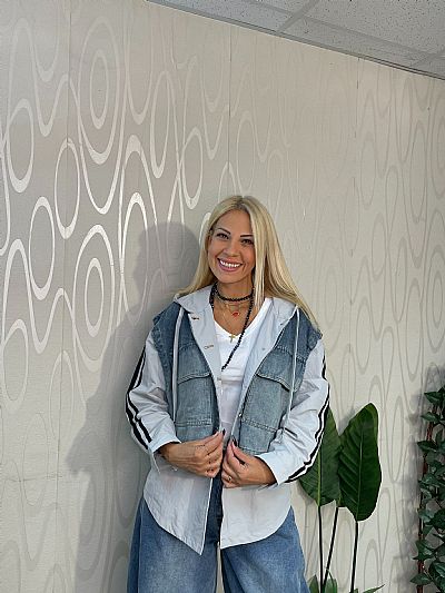 Γυναικείο Διπλό Τζάκετ με Κουκούλα & Τζιν Γιλέκο