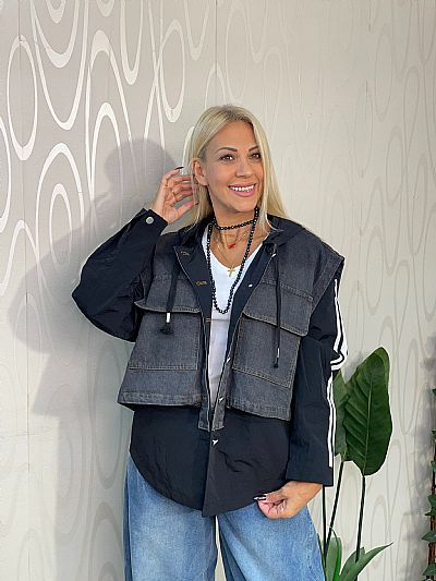 Γυναικείο Διπλό Τζάκετ με Κουκούλα & Τζιν Γιλέκο