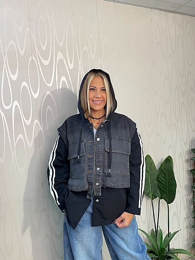 Γυναικείο Διπλό Τζάκετ με Κουκούλα & Τζιν Γιλέκο