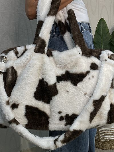 Γυναικεία Τσάντα Συνθετικής Γούνας με Animal Print Καφέ-Λευκό