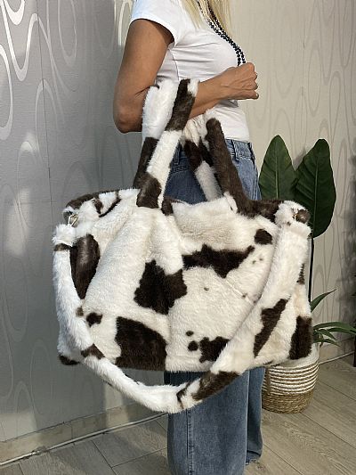 Γυναικεία Τσάντα Συνθετικής Γούνας με Animal Print Καφέ-Λευκό