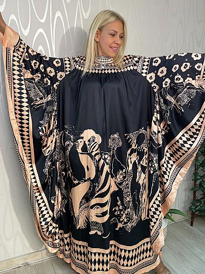 Μακρύ Καφτάνι με Σχέδια και Φαρδιά Μανίκια