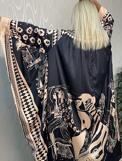 Μακρύ Καφτάνι με Σχέδια και Φαρδιά Μανίκια