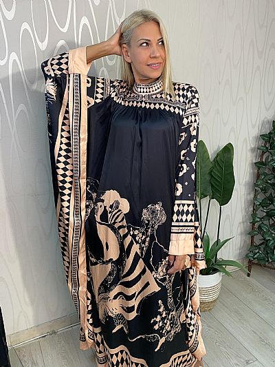 Μακρύ Καφτάνι με Σχέδια και Φαρδιά Μανίκια