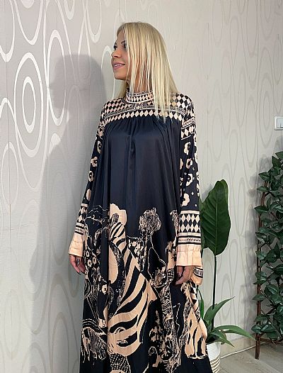 Μακρύ Καφτάνι με Σχέδια και Φαρδιά Μανίκια