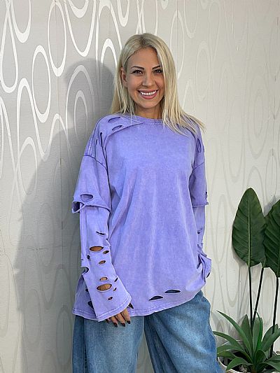 Γυναικείο Oversized Destroyed Φούτερ σε Λιλά