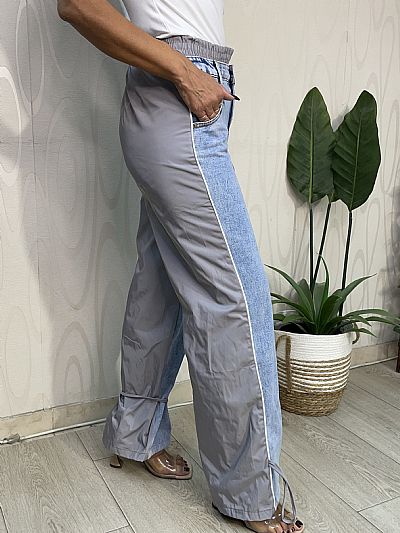 Γυναικείο Παντελόνι Jeans με Λεπτομέρεια Ύφασμα - Γκρι