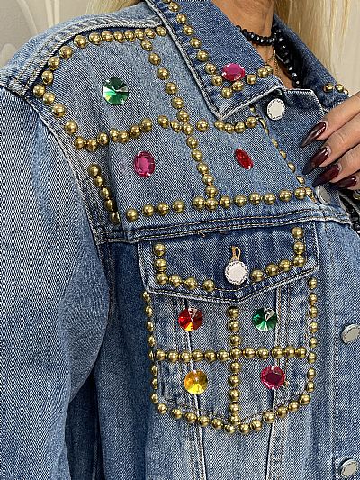 Γυναικείο Τζιν Τζάκετ με Πολύχρωμα Στρας και Τρουκς